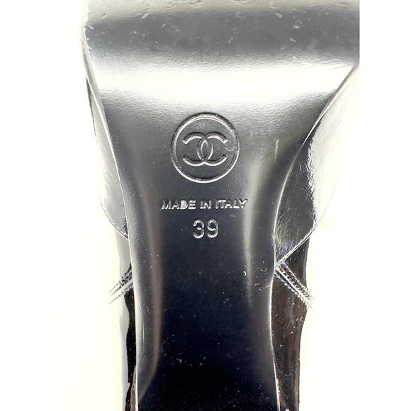 Chanel Boots CC LOGO Pearl Black Leather Mid Calf Chelsea Platform Heel Shoes 39 - Picture 9 of 11